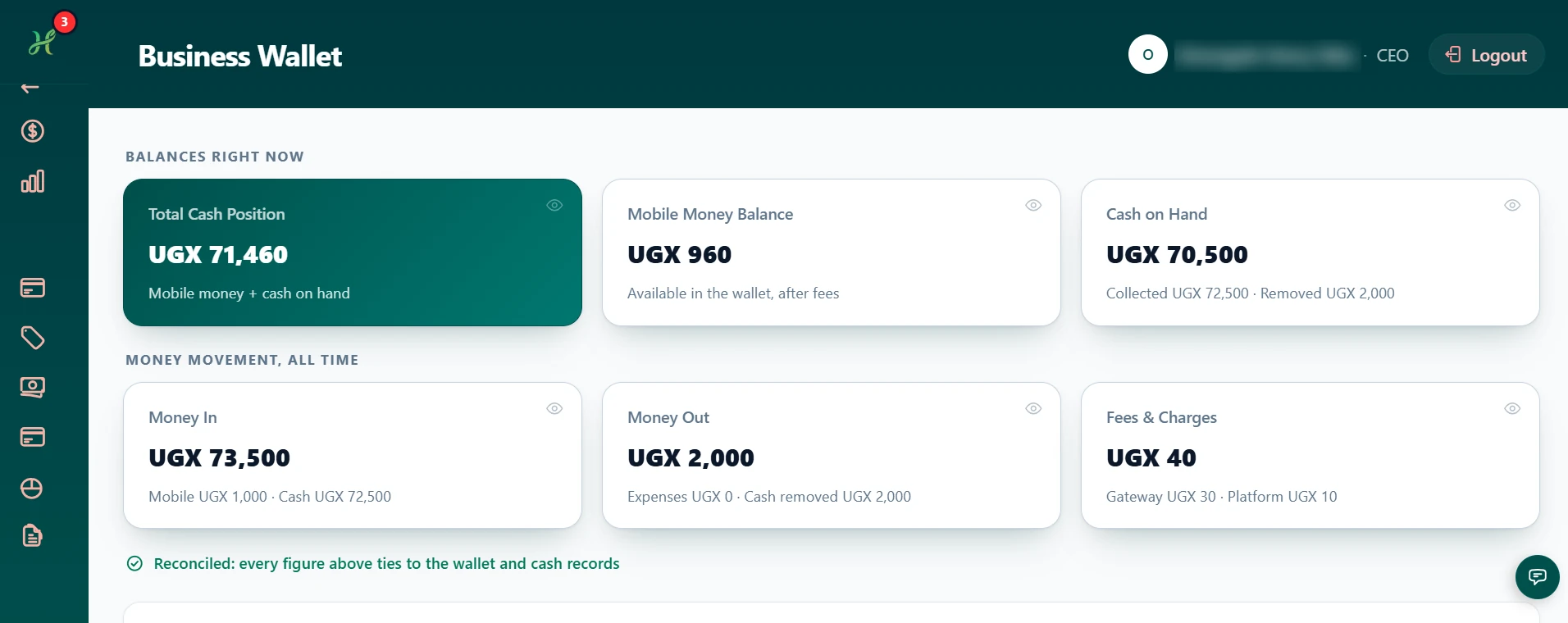 Mobile money and cash on hand in one view