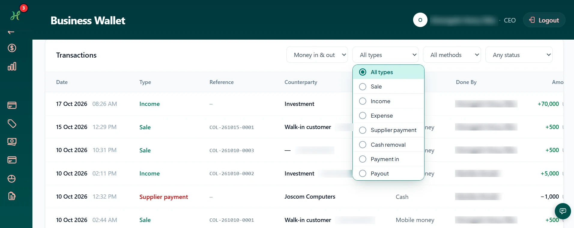 Every transaction, filtered by type, method and status