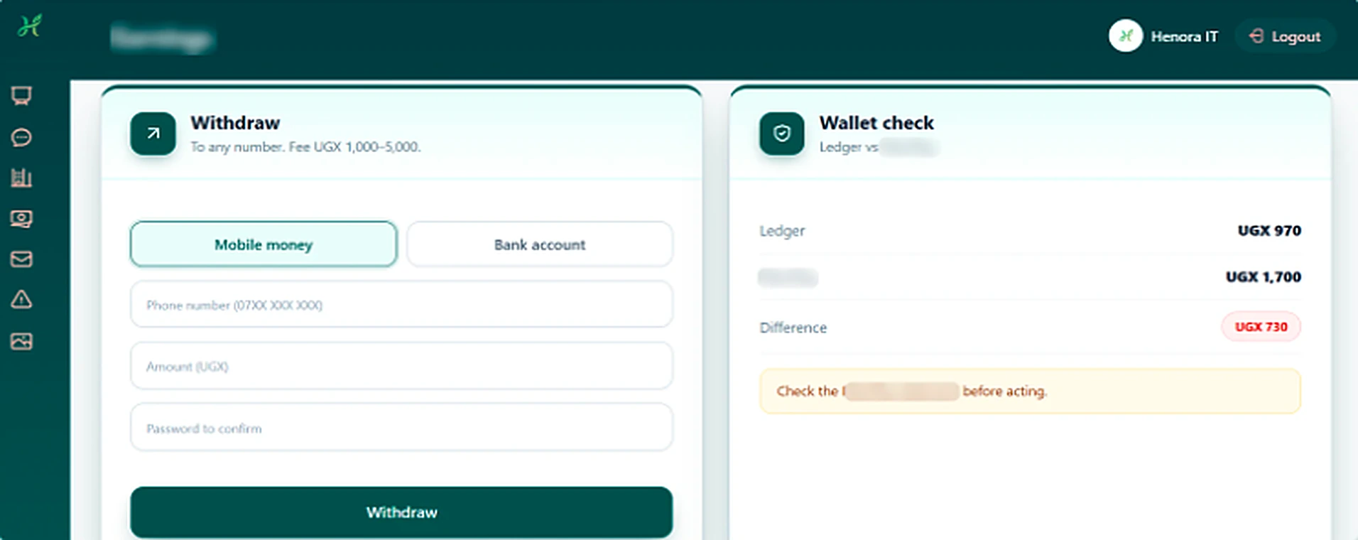 Withdraw to any number with the fee shown upfront