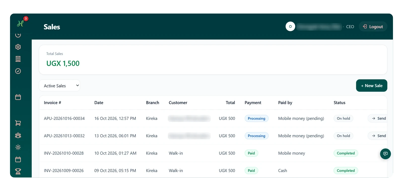 Sales list with invoice number, branch, customer, payment method and status