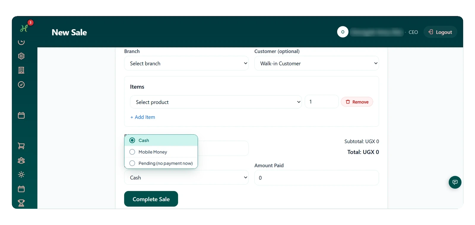 New Sale form with branch, customer, items, payment method and Complete Sale