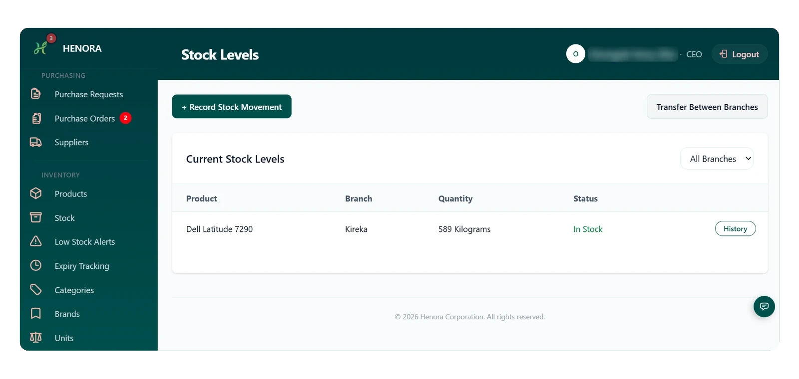 Stock levels for every branch with Record Stock Movement and Transfer Between Branches