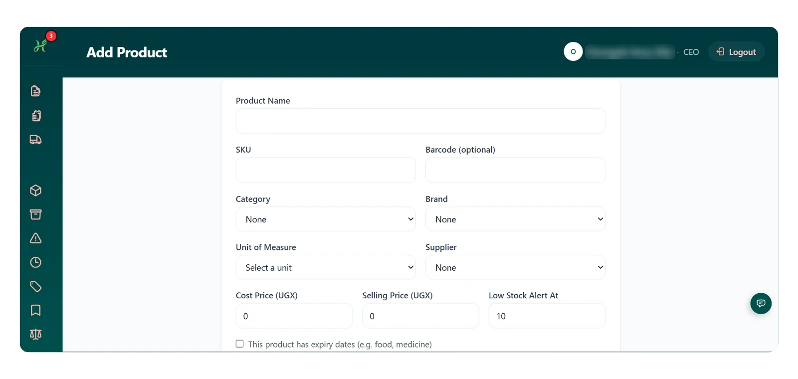 Add Product form with prices, low stock alert level and expiry dates